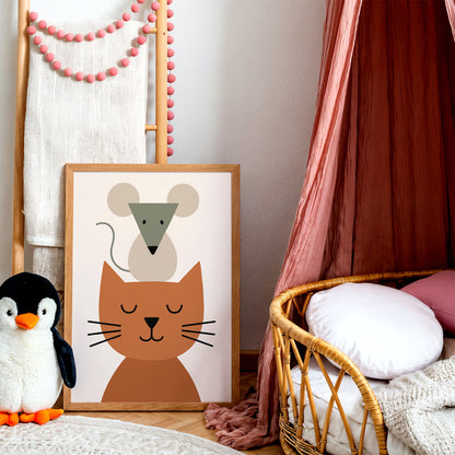 Funny Cat & Mouse Art Print – Scandinavian Kids Room Decor