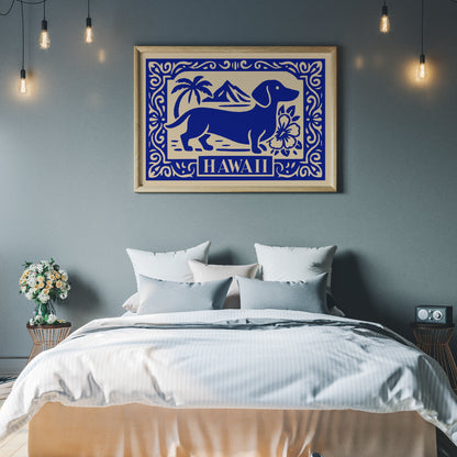 Dachshund Dog on Hawaii Poster - Blue Travel Print
