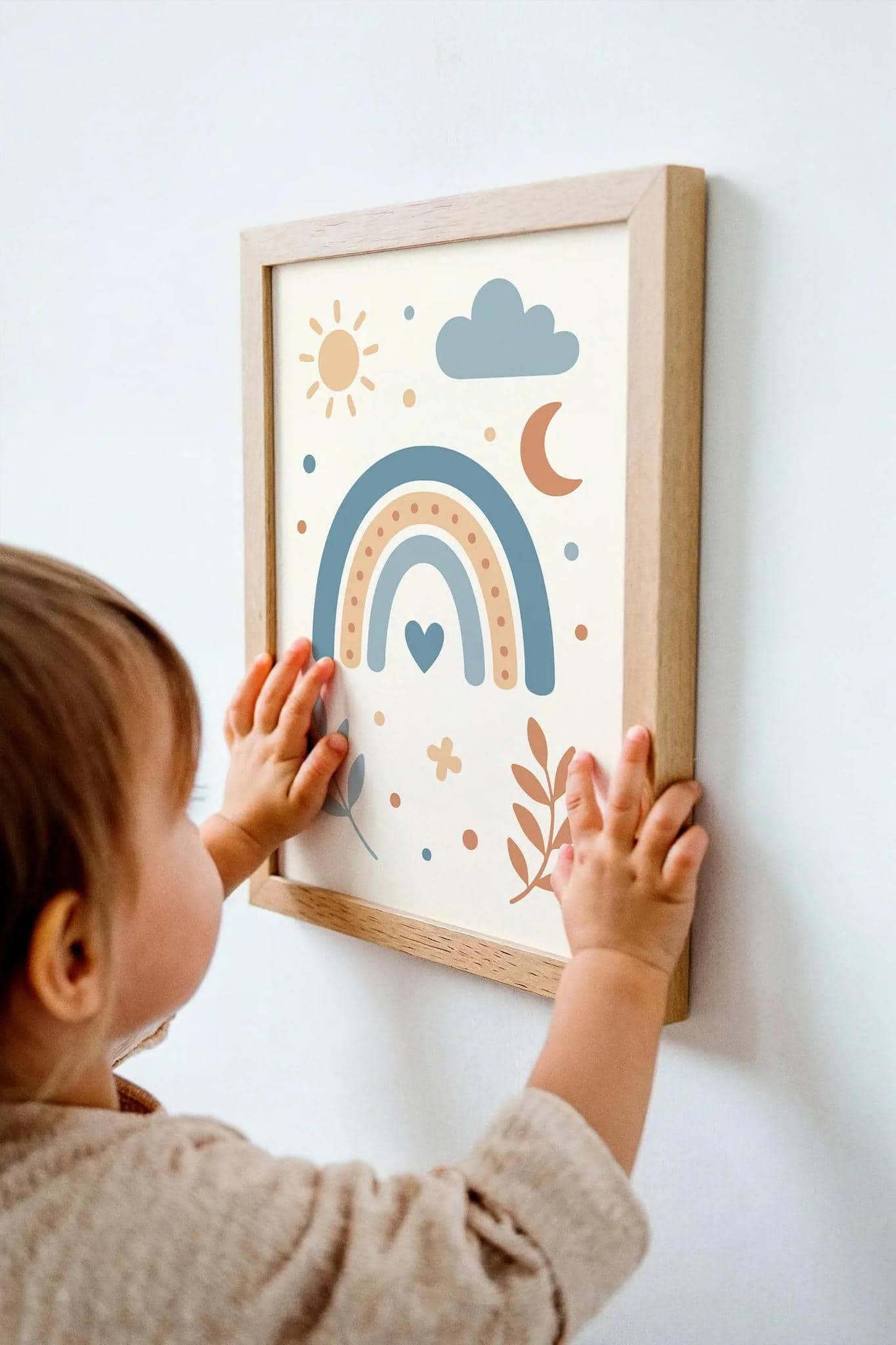 Blue Beige Rainbow Print – Sun Moon Cloud & Heart Art