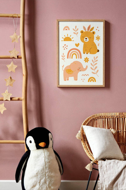 Boho Elephant & Bear Poster – Kids Nature Wall Art
