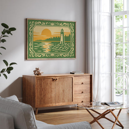 Lighthouse Sunset Seaside Landscape Art Poster