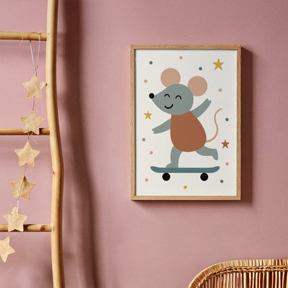 Cute Mouse Skateboarding Art Print – Kids Room Decor