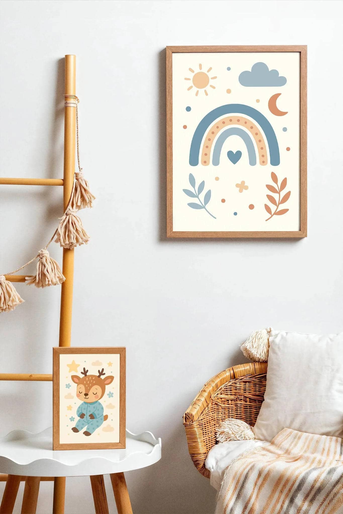 Blue Beige Rainbow Print – Sun Moon Cloud & Heart Art