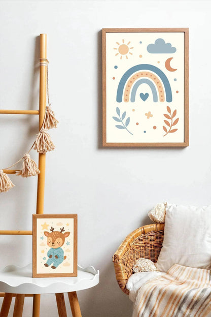 Blue Beige Rainbow Print – Sun Moon Cloud & Heart Art