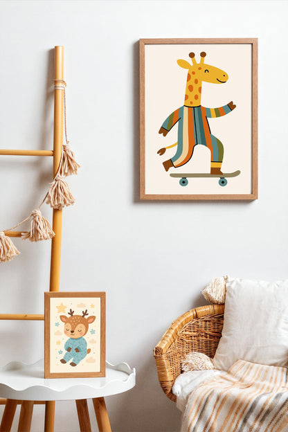 Whimsical Giraffe on Skateboard Poster - Kids Room Wall Art