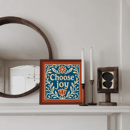 Choose Joy Square Wall Art - Blue and Red Floral Art Print