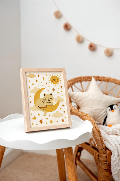 Sleeping Cat on the Moon Poster - Kids Room Wall Art