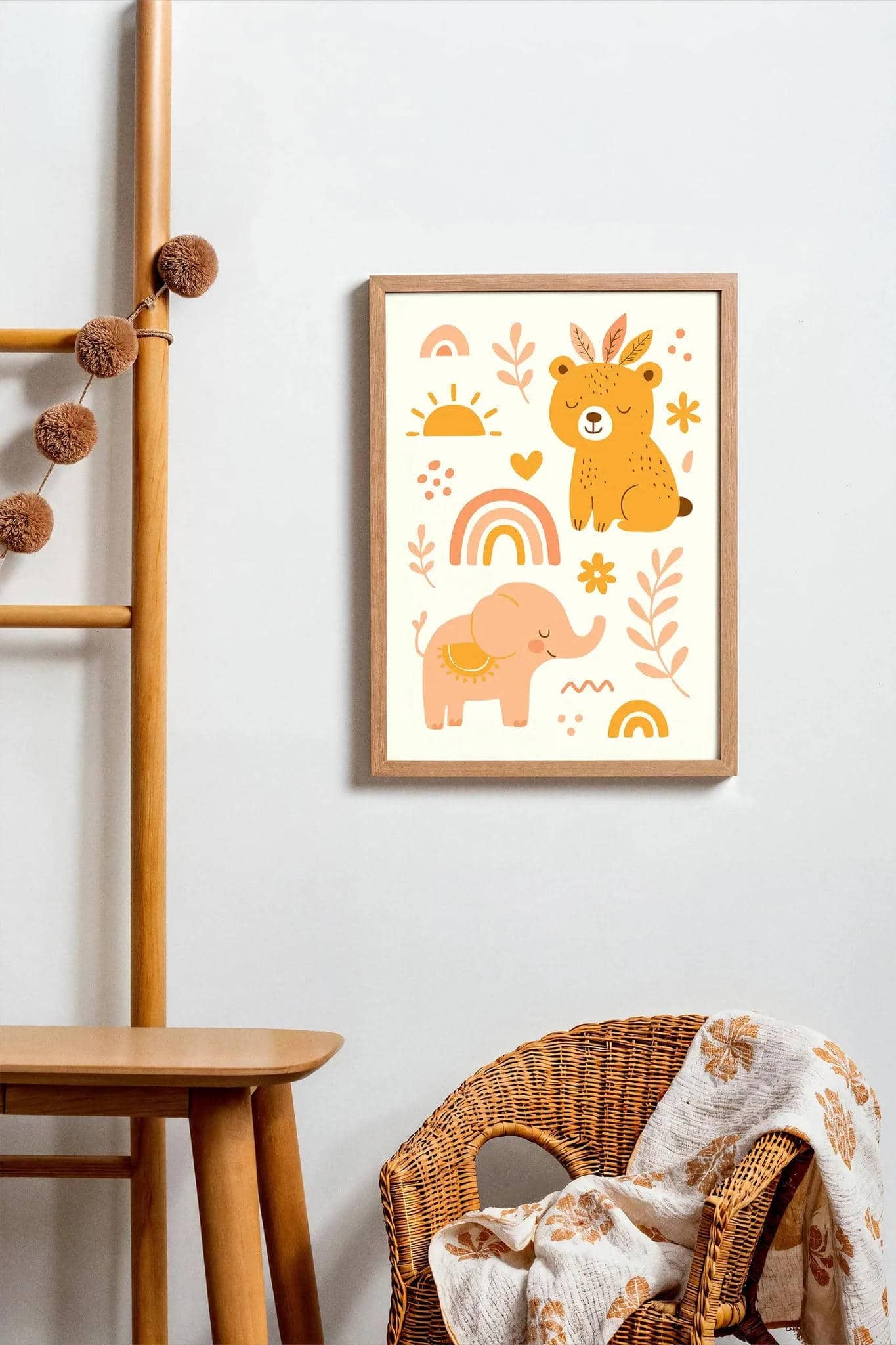 Boho Elephant & Bear Poster – Kids Nature Wall Art