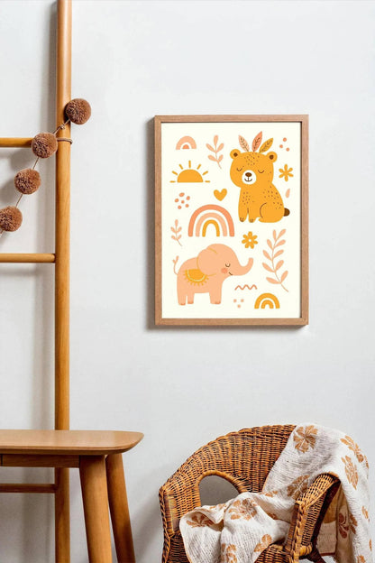 Boho Elephant & Bear Poster – Kids Nature Wall Art