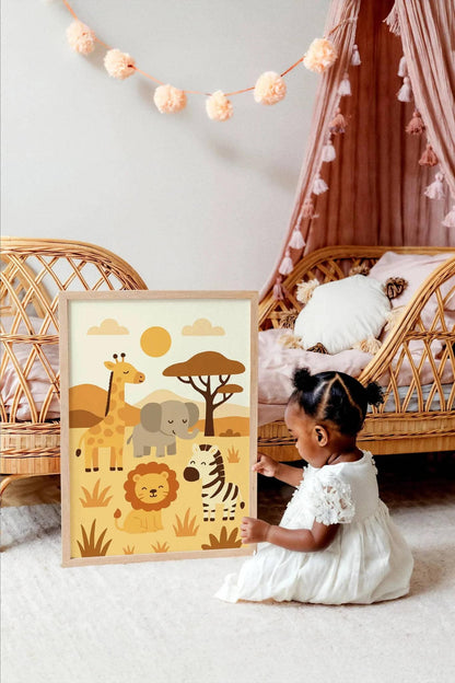 Cute Safari Animal Wall Art – Giraffe, Elephant, Zebra & Lion