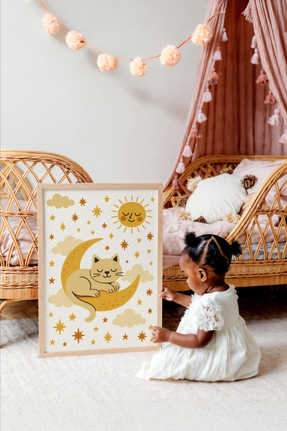 Sleeping Cat on the Moon Poster - Kids Room Wall Art