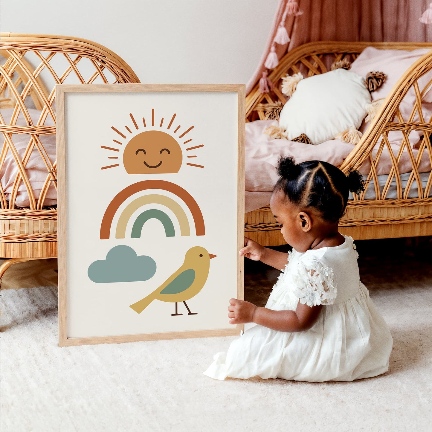 Cute Sun, Rainbow and Bird Poster - Kids Room Wall Decor