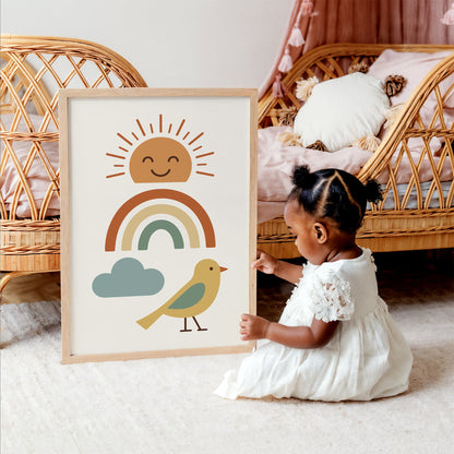 Cute Sun, Rainbow and Bird Poster - Kids Room Wall Decor