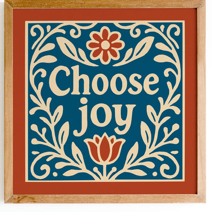 Choose Joy Square Wall Art - Blue and Red Floral Art Print