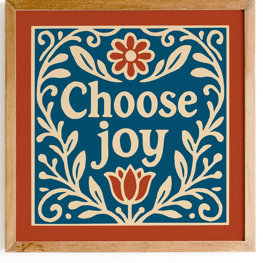 Choose Joy Square Wall Art - Blue and Red Floral Art Print