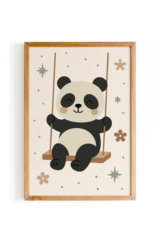 Panda on Swing Print - Cute Kids Wall Art