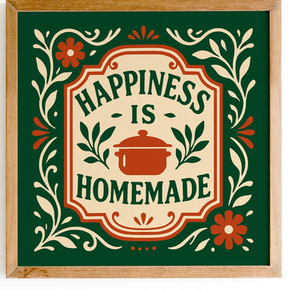 Happiness is Homade Square Art Print - Kitchen Green Wall Art