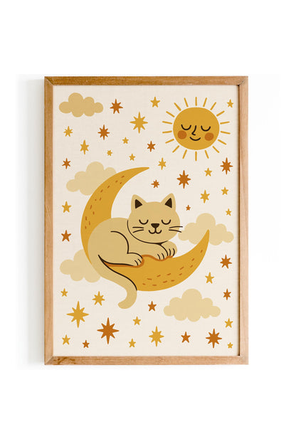 Sleeping Cat on the Moon Poster - Kids Room Wall Art