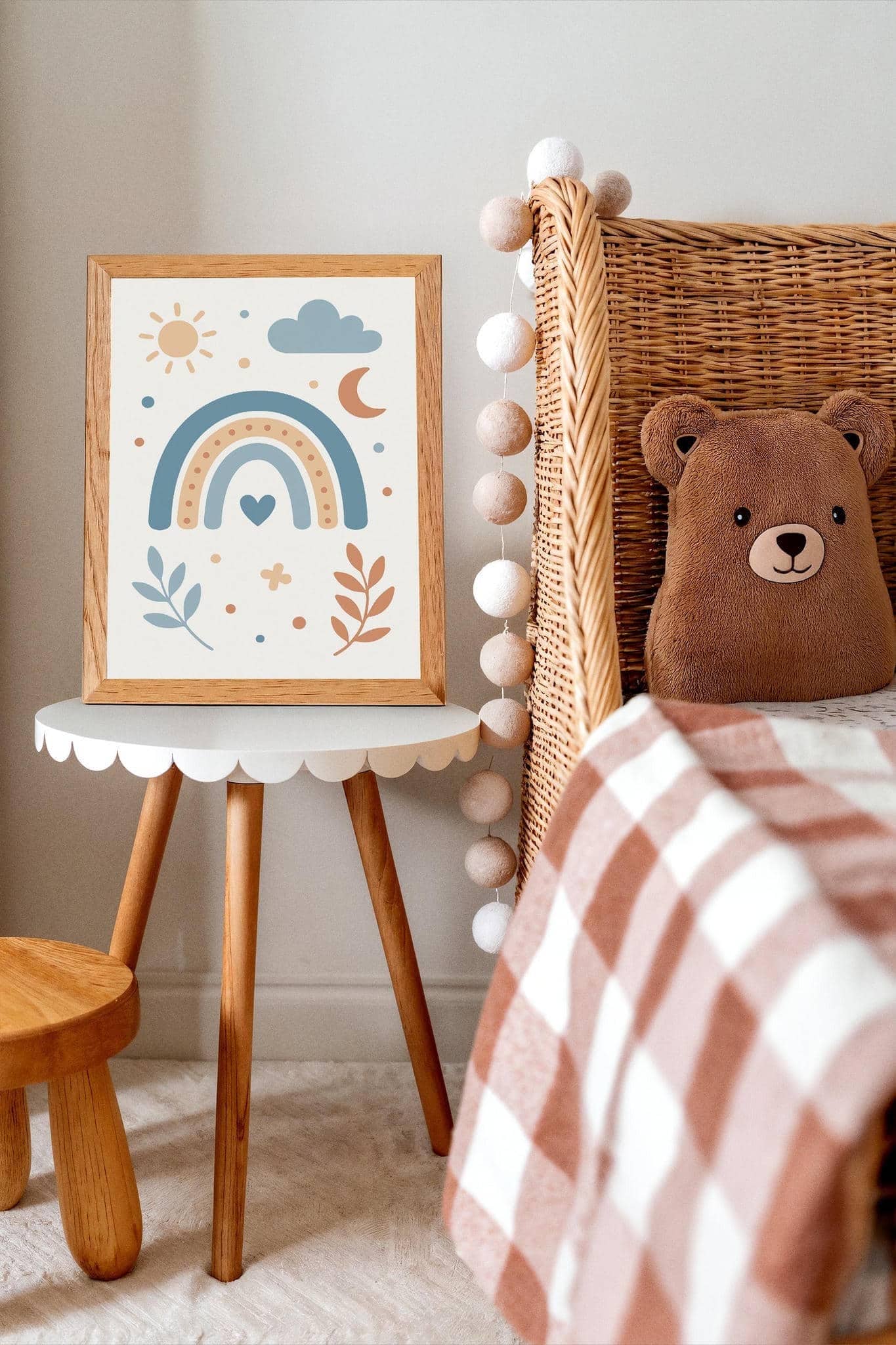 Blue Beige Rainbow Print – Sun Moon Cloud & Heart Art