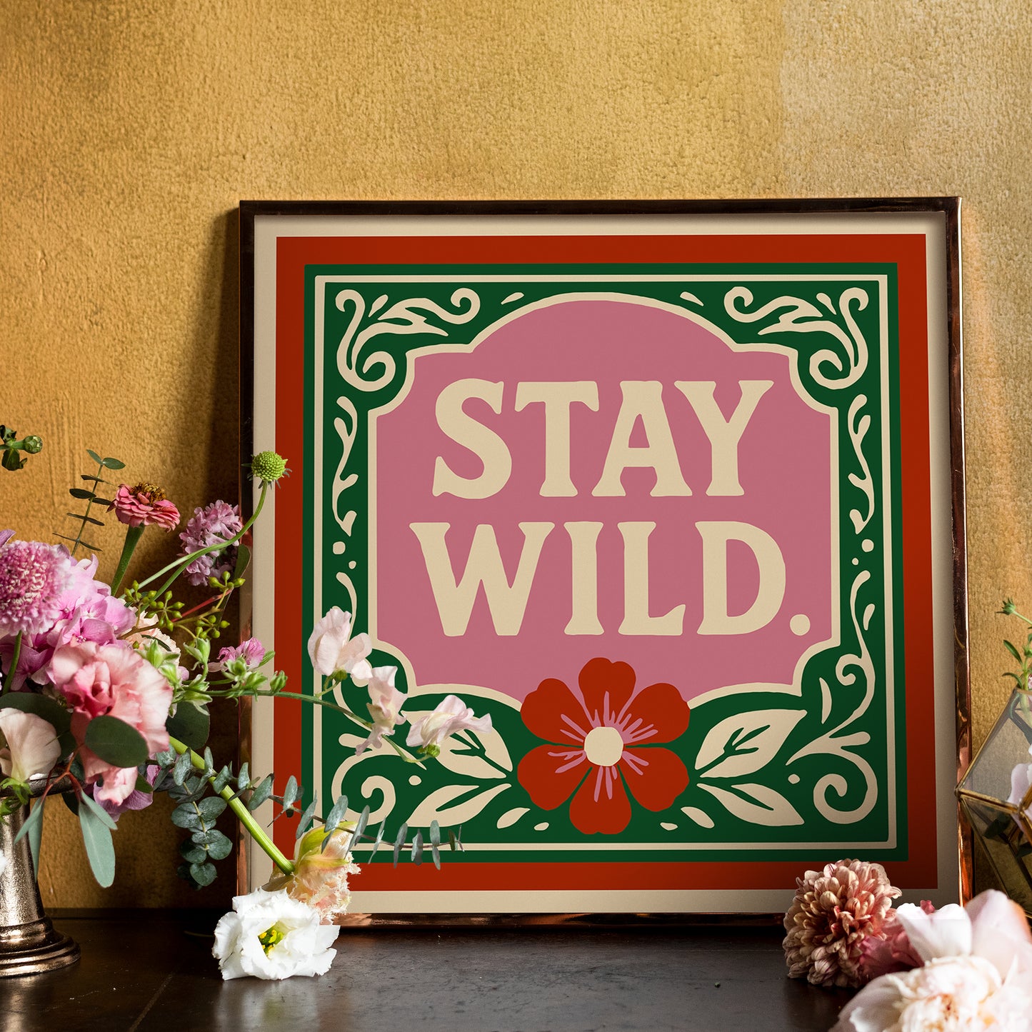 Stay Wild Square Wall Art Print - Cute Pink Red Green Print