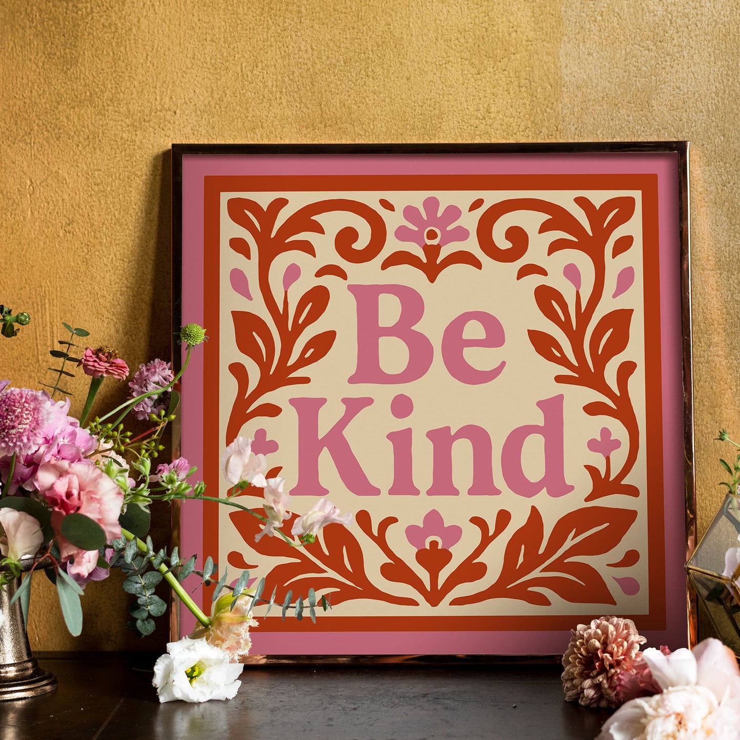 Be Kind Red & Pink Quote Wall Art Print