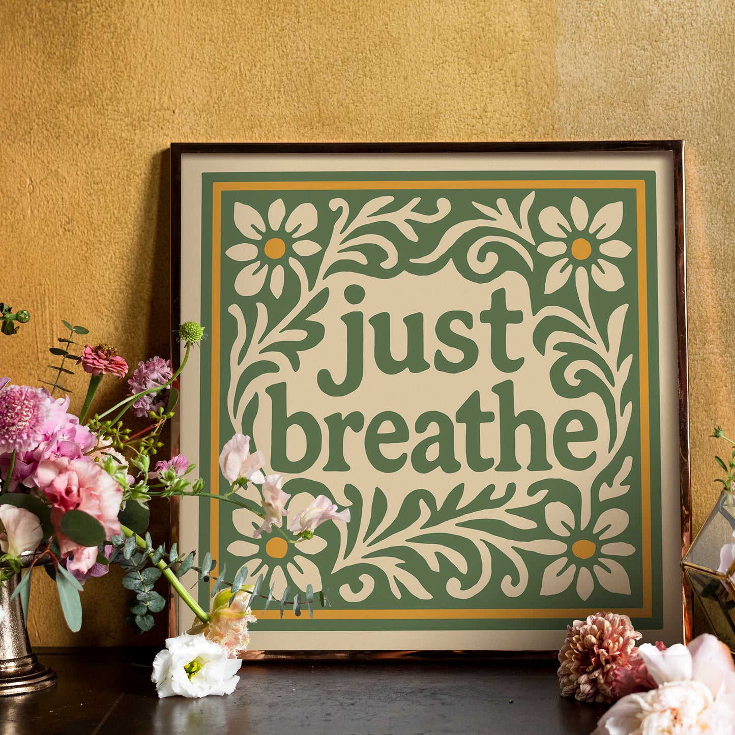 Just Breathe Quote Square Art Print - Green Floral Wall Art