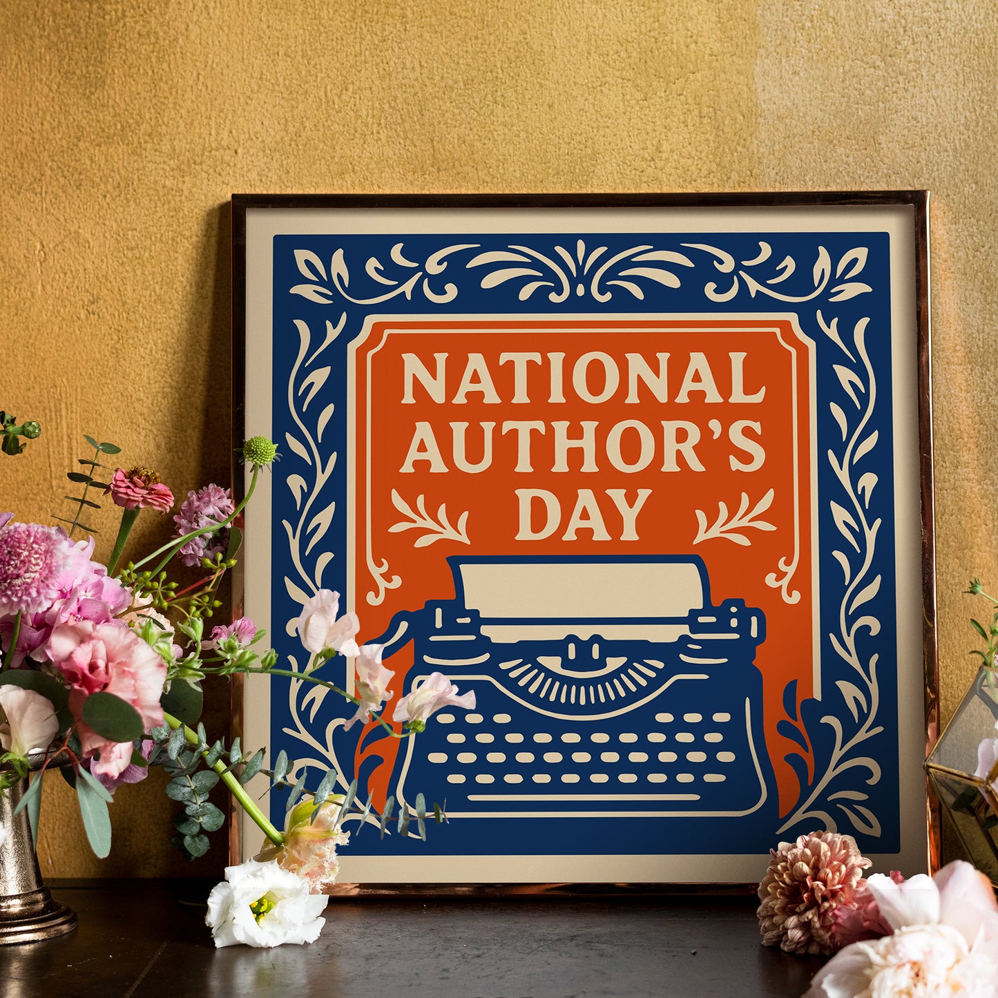 National Authors Day Square Print - Typewriter and Floral Art