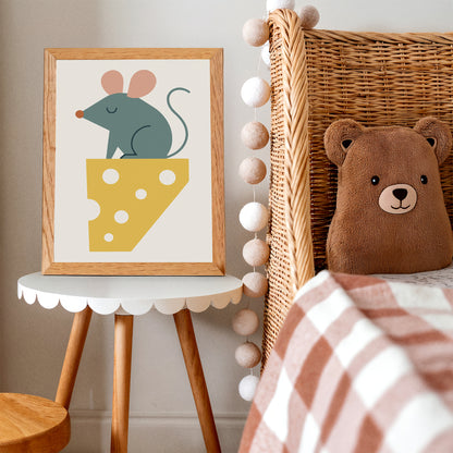 Little Mouse on Cheese – Whimsical Animal Art Print for Kids