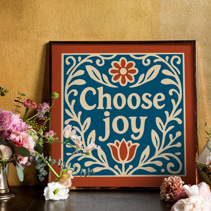 Choose Joy Square Wall Art - Blue and Red Floral Art Print