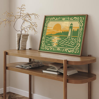 Lighthouse Sunset Seaside Landscape Art Poster