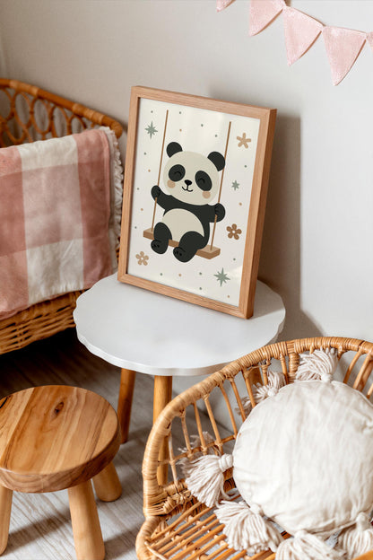 Panda on Swing Print - Cute Kids Wall Art