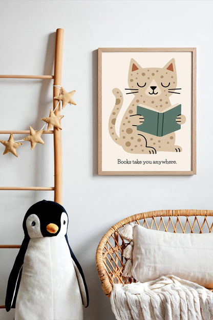 Reading Cat Print - Cute Kids Wall Art