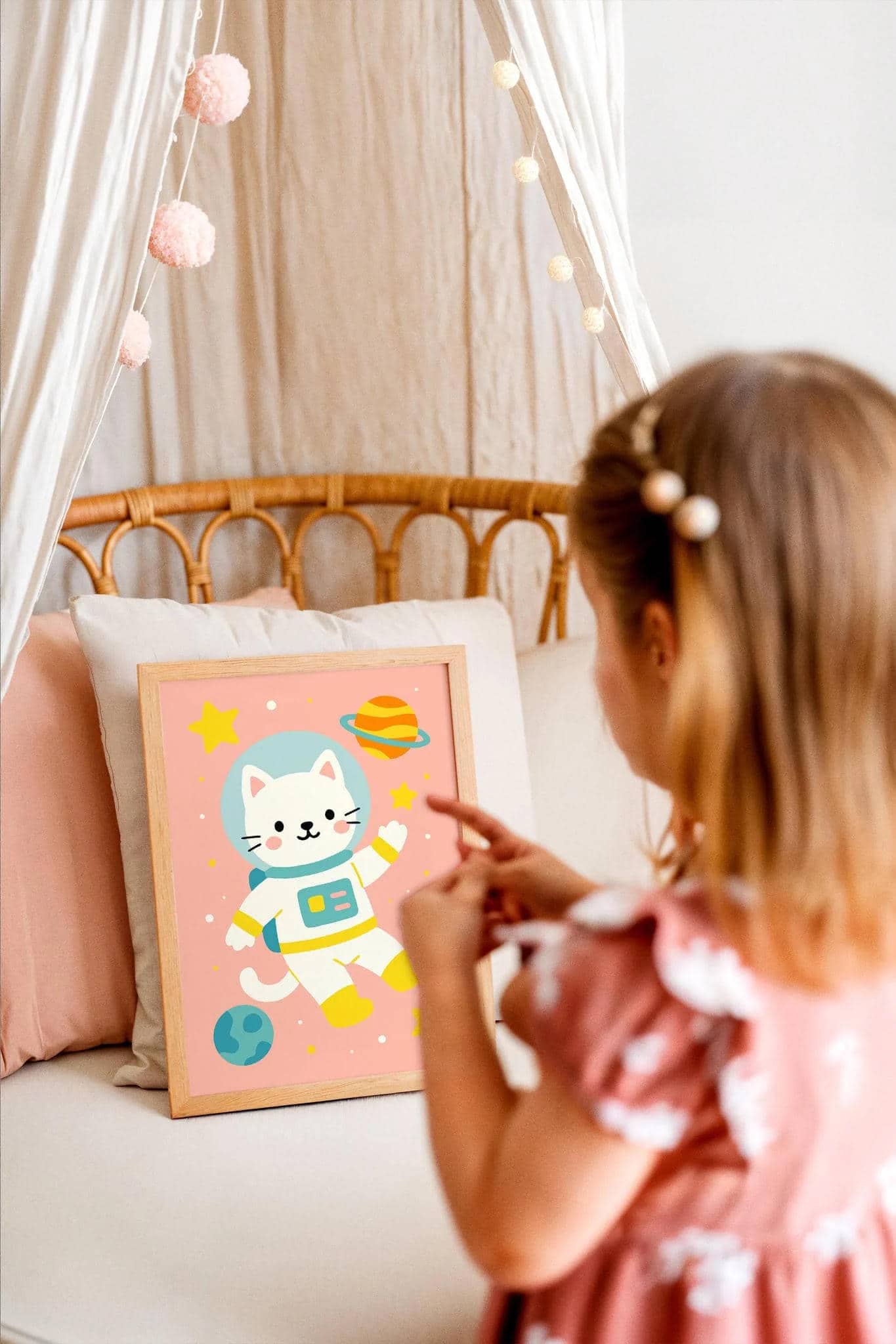 Cute Cat Astronaut Art Print – Kids Space Decor