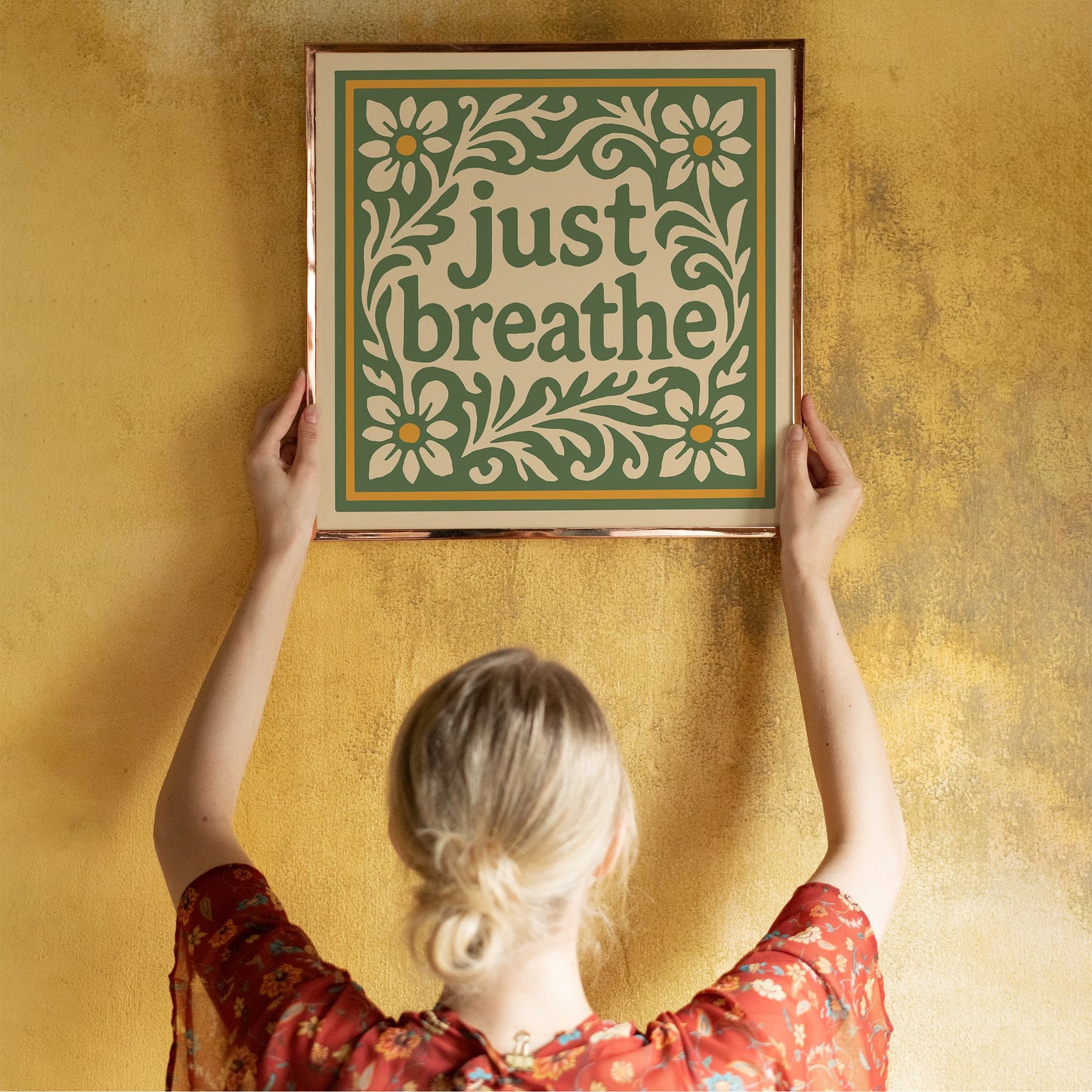 Just Breathe Quote Square Art Print - Green Floral Wall Art