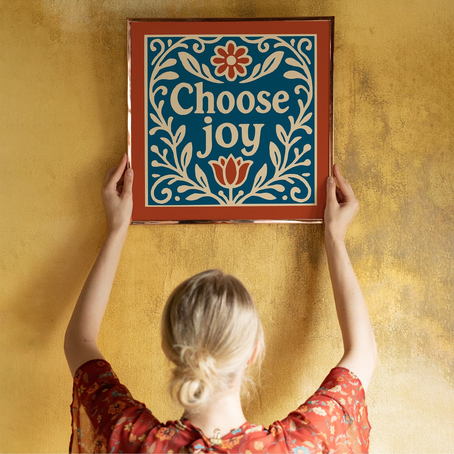 Choose Joy Square Wall Art - Blue and Red Floral Art Print