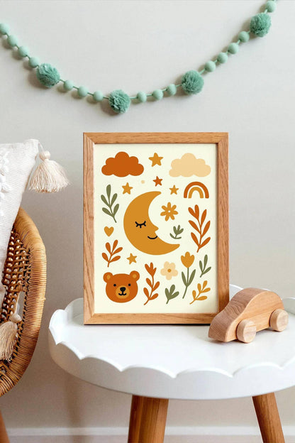 Boho Bear & Moon Poster – Floral Wall Art
