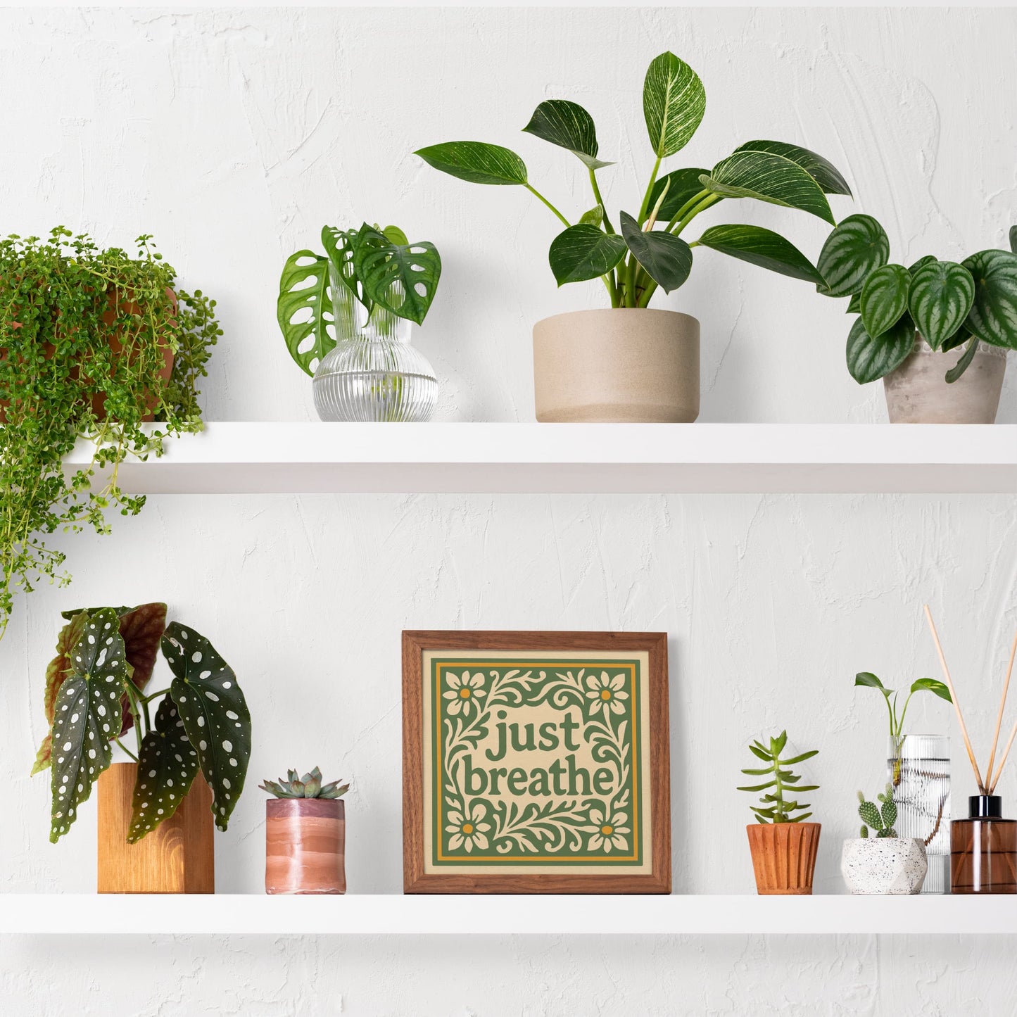 Just Breathe Quote Square Art Print - Green Floral Wall Art
