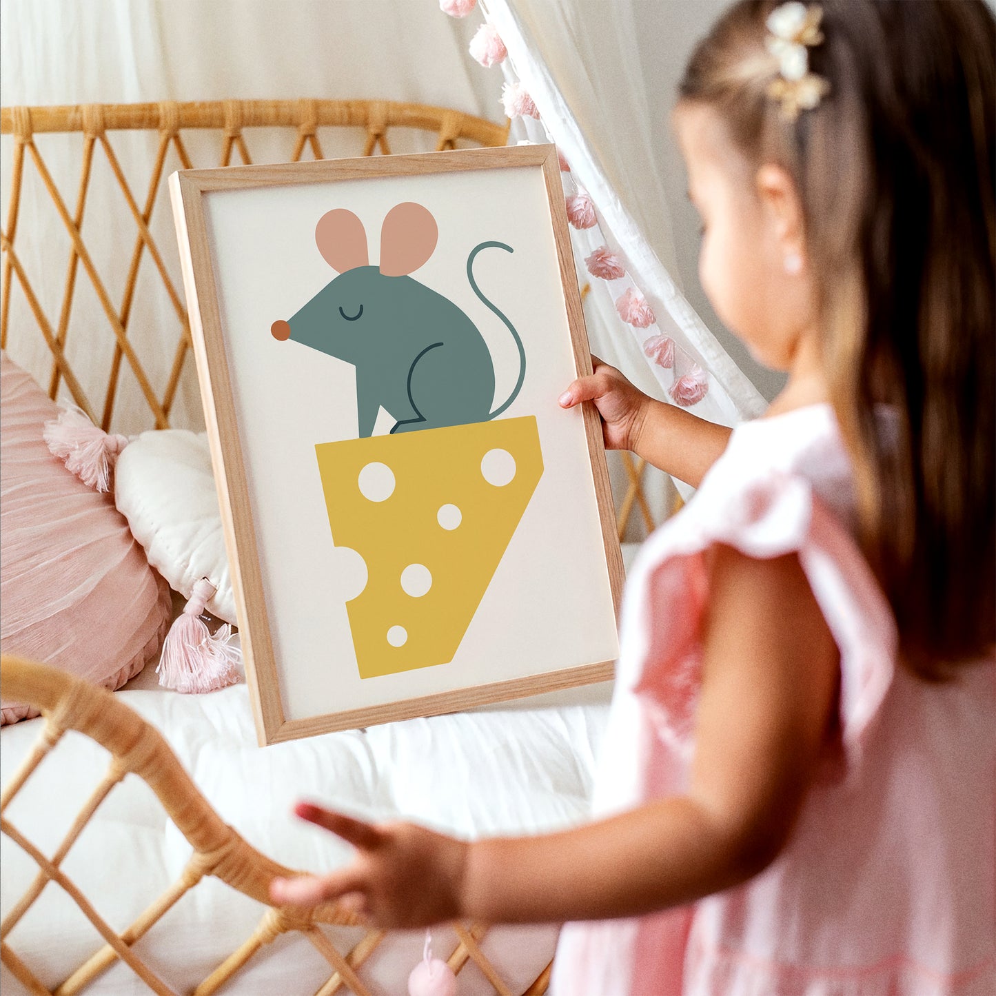 Little Mouse on Cheese – Whimsical Animal Art Print for Kids