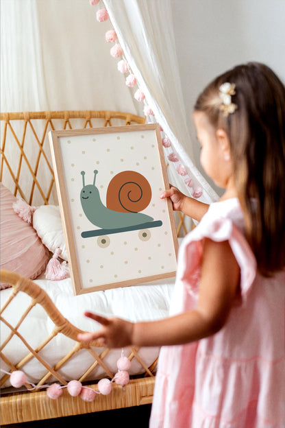 Skateboarding Snail Print - Scandinavian Kids Wall Art