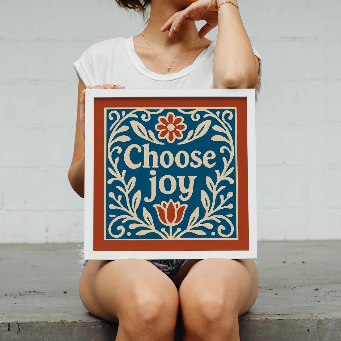 Choose Joy Square Wall Art - Blue and Red Floral Art Print