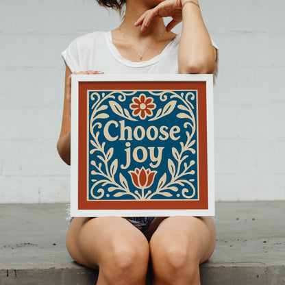 Choose Joy Square Wall Art - Blue and Red Floral Art Print