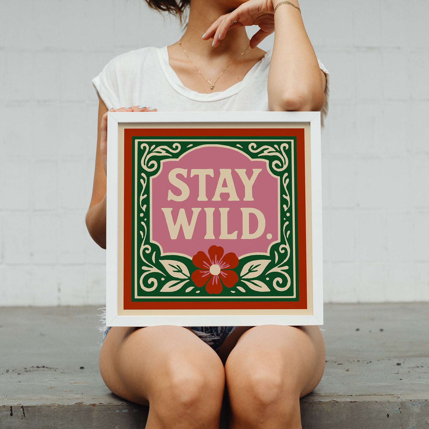 Stay Wild Square Wall Art Print - Cute Pink Red Green Print