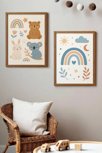 Blue Beige Rainbow Print – Sun Moon Cloud & Heart Art