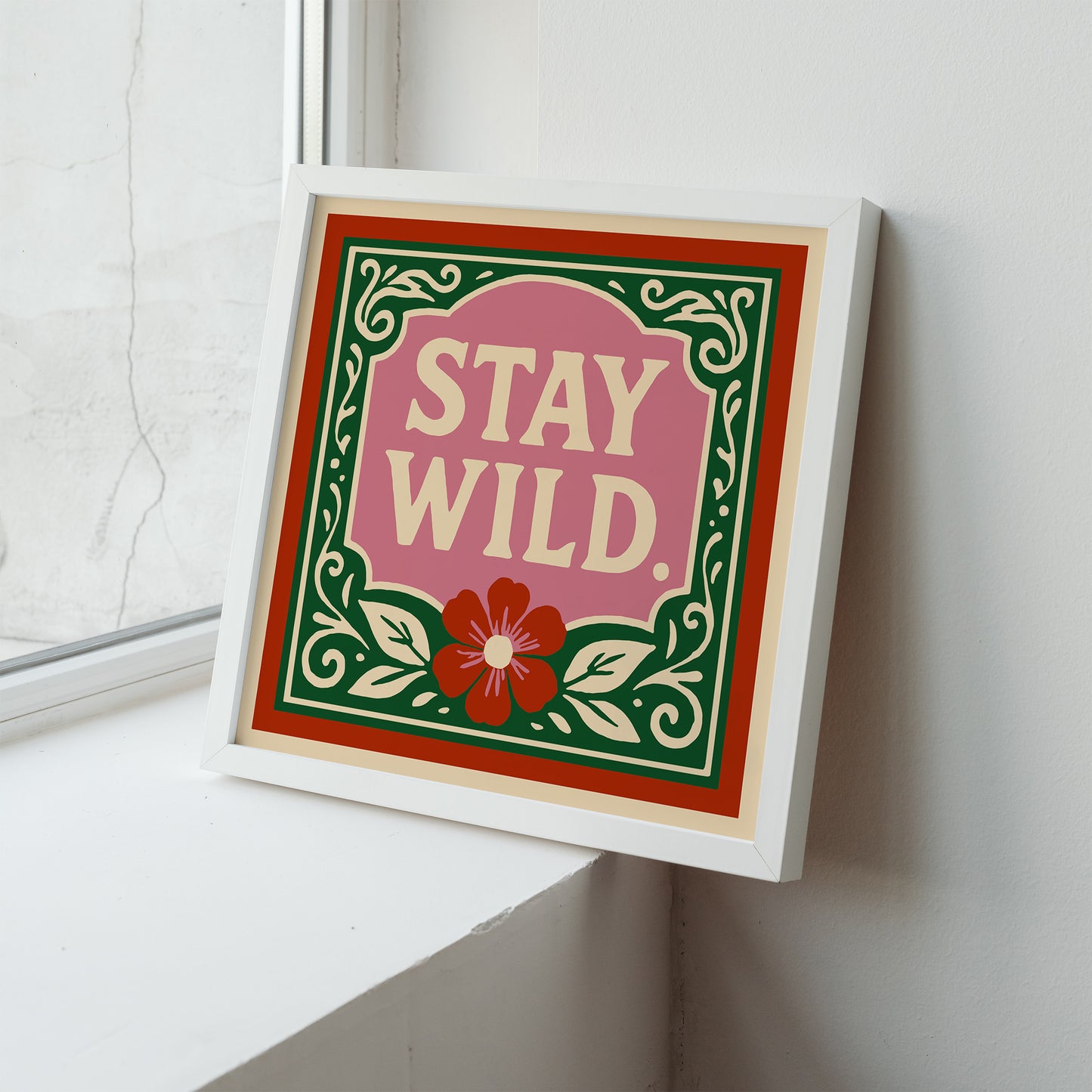 Stay Wild Square Wall Art Print - Cute Pink Red Green Print