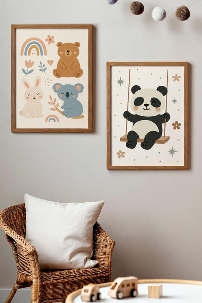 Panda on Swing Print - Cute Kids Wall Art