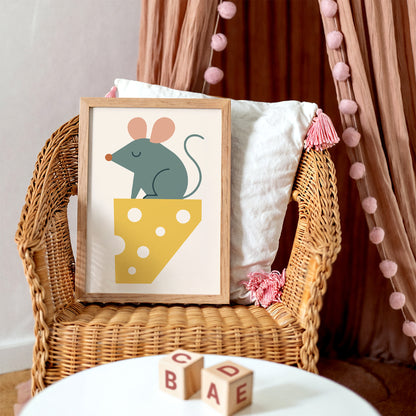 Little Mouse on Cheese – Whimsical Animal Art Print for Kids