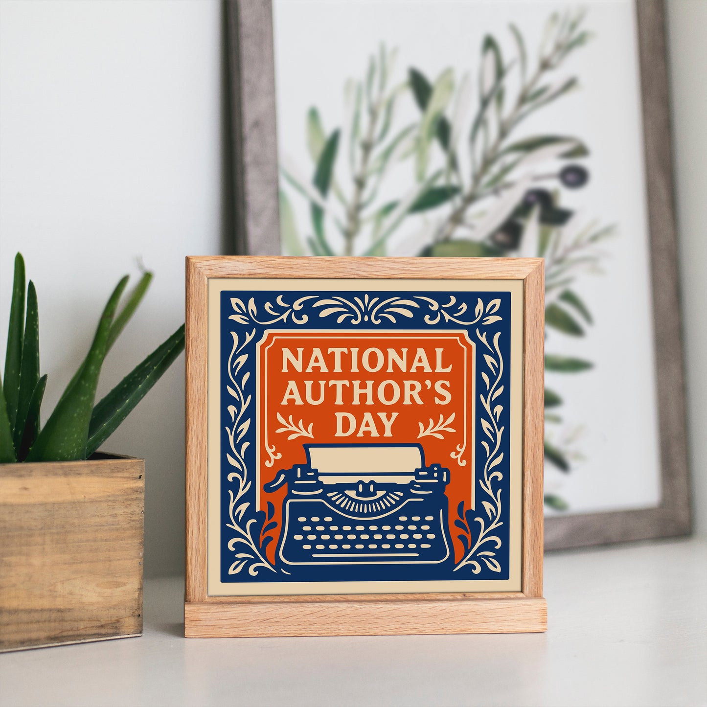 National Authors Day Square Print - Typewriter and Floral Art