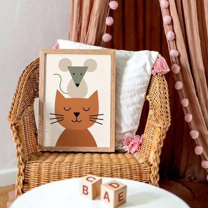 Funny Cat & Mouse Art Print – Scandinavian Kids Room Decor