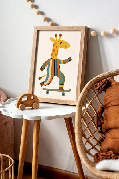 Whimsical Giraffe on Skateboard Poster - Kids Room Wall Art