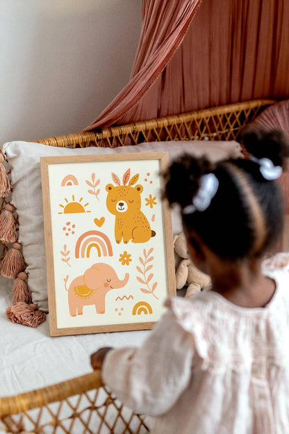 Boho Elephant & Bear Poster – Kids Nature Wall Art